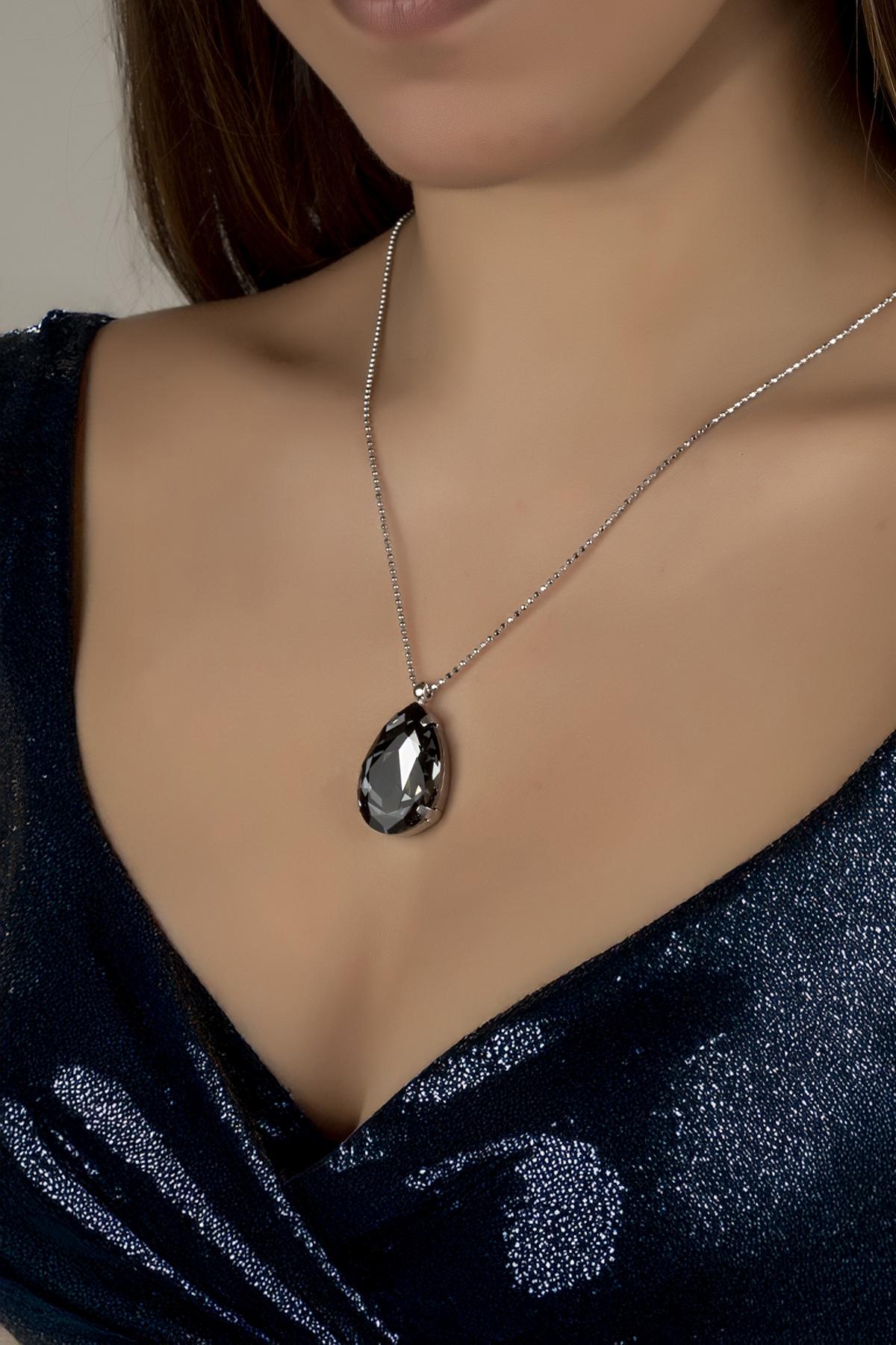 Union Crystal Kadın Black Diamond Damla Gümüş Kolye