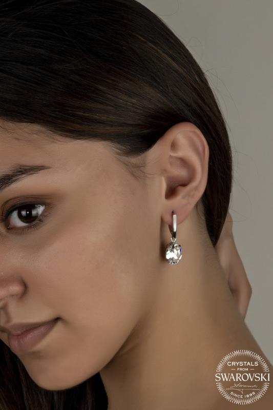 Union Crystal Kadın Beyaz Oval Tırnaklı Gümüş Küpe